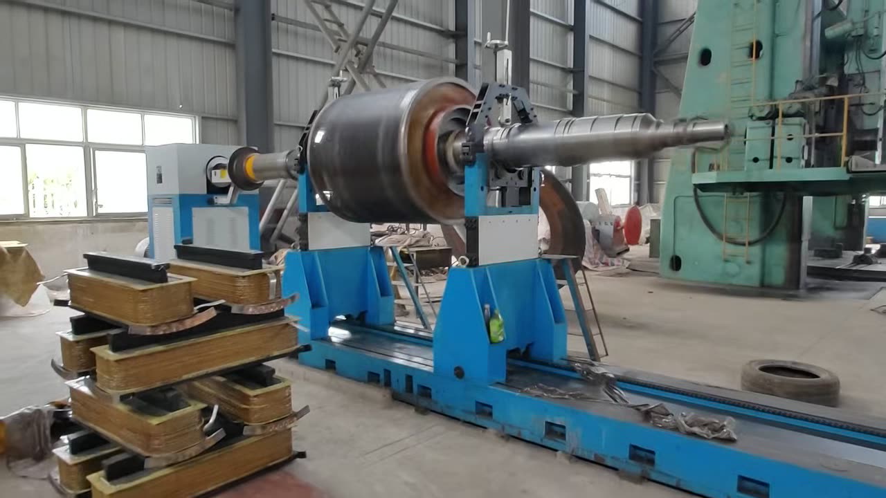 Rotor assembly on the balancing machine — shaft and supports during the run — TC factory