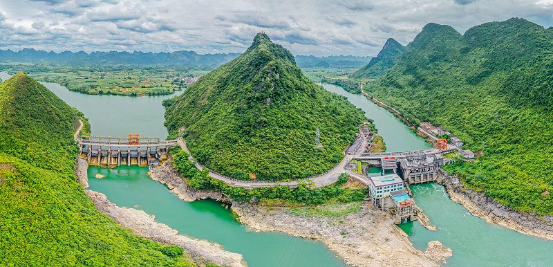 Aerial view of a Laos Kaplan hydropower plant after fixed-to-variable pitch conversion